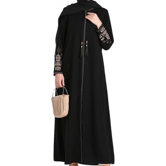 Women's Embroidered Abaya Polyester Long Sleeve Floor Length Zipper Dress - Picture 1 of 4